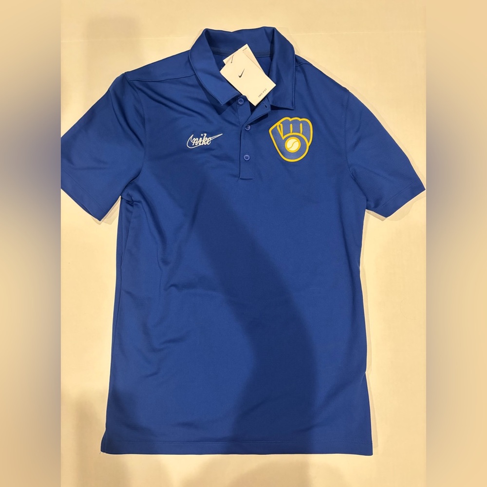 Nike Milwaukee Brewers Polo Shirt Size Small Blue Retro Logo Short Sleeve